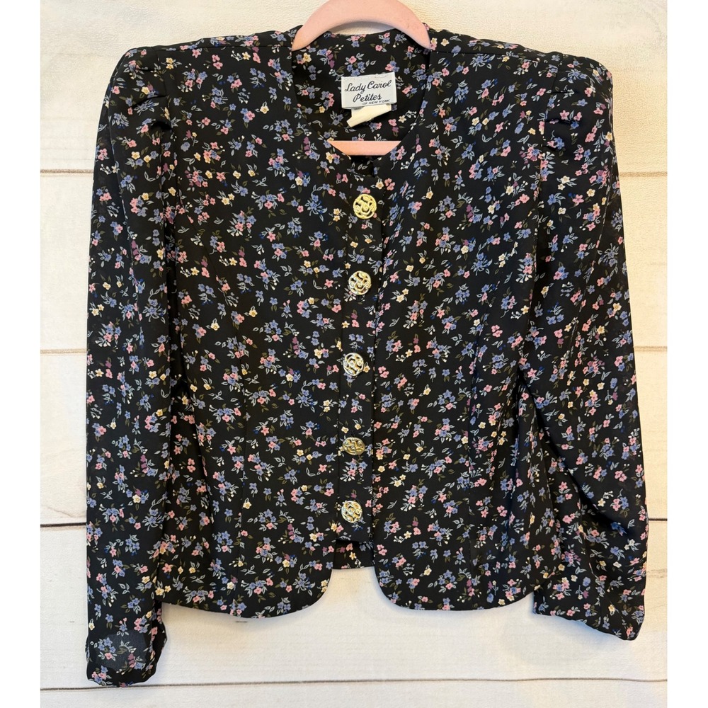 Lady Carol Petites Vintage Floral Blazer Black Pink Blue Gold Button Jacket 4